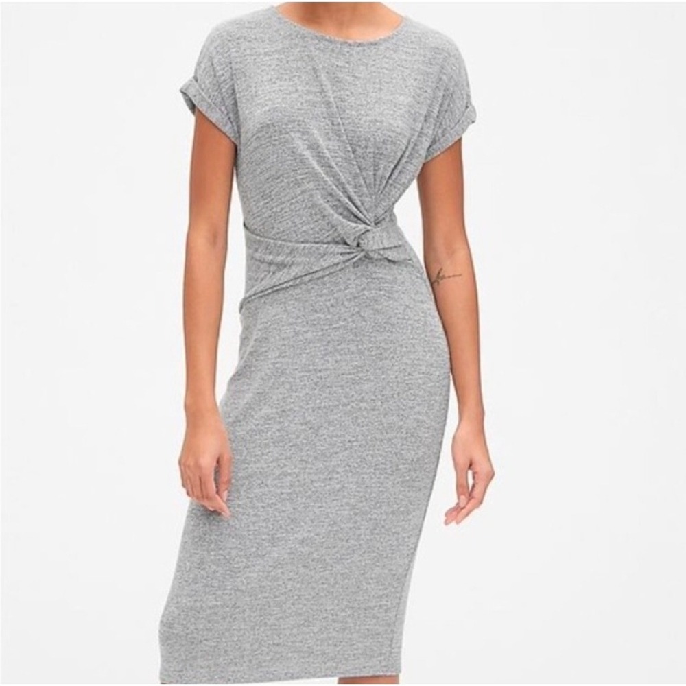 Gap Knot Twist Front Dress Women XL Grey Marl Jersey Knit Neutral Minimalist